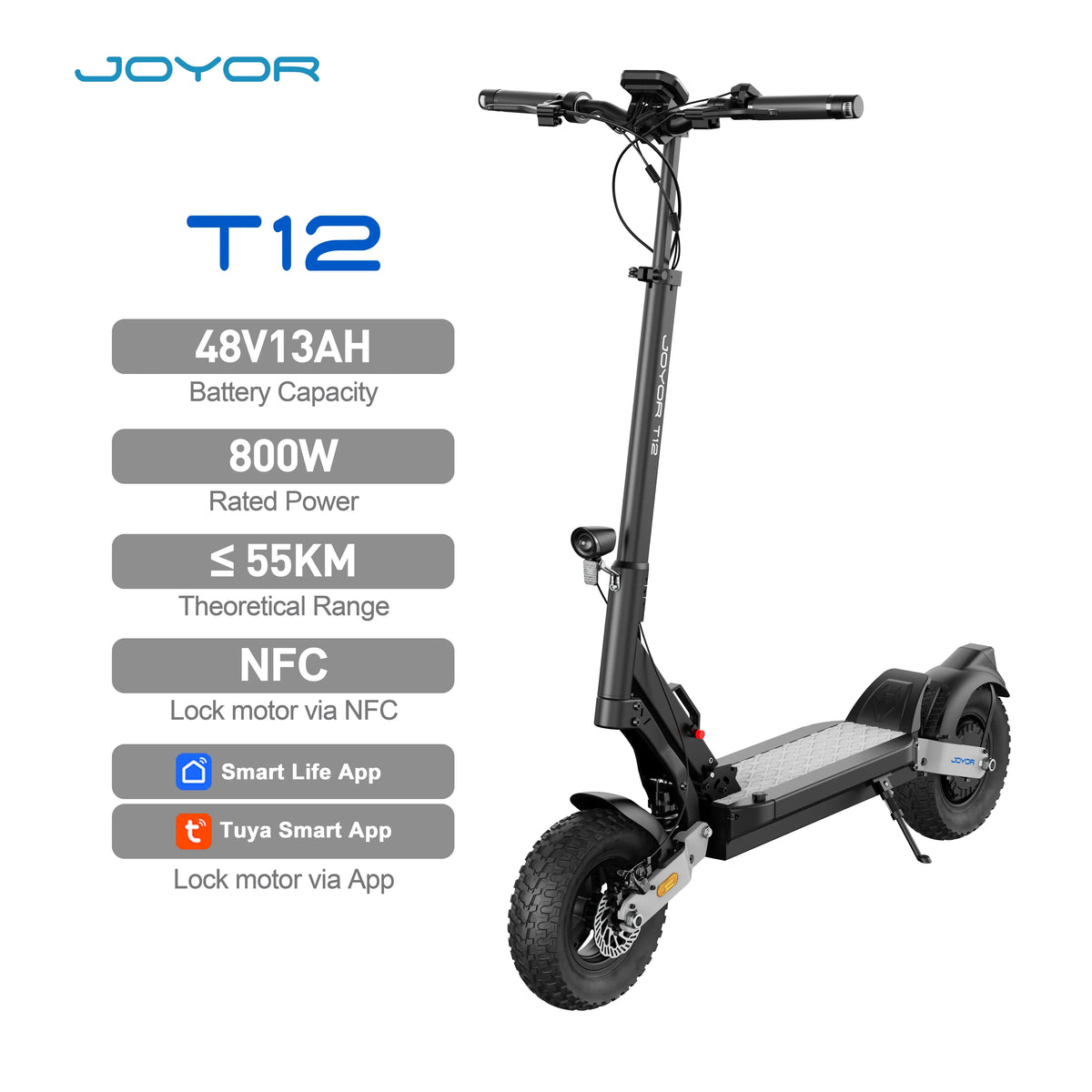 Joyor T12 Electric Scooter – 800W Motor, Up to 55km Range, Full Suspension, Mechanical Disc Brakes