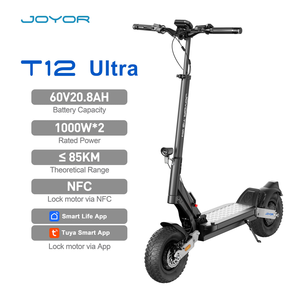Joyor T12 Ultra Electric Scooter – Dual 1000W Motors, Up to 85km Range, Full Hydraulic Suspension, Hydraulic Brakes